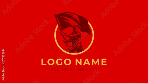 Photos 4K Red Gold Flag Bearer Sports Mascot Logo with Champion Emblem for Football Clu