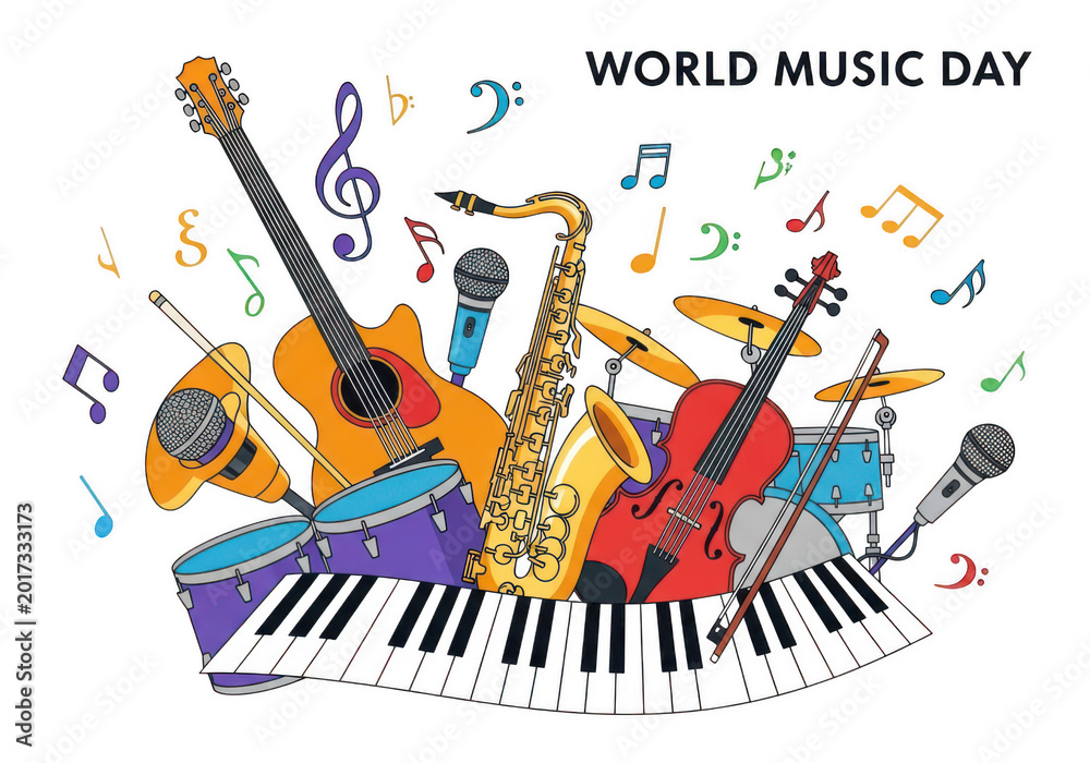 Obraz premium Colorful music instrument collection with guitar saxophone and piano keys isolated on transparent background