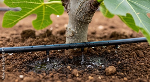 Detail view of water dripping from a black irrigation pipe onto the ground directly at the base of a young tree trunk