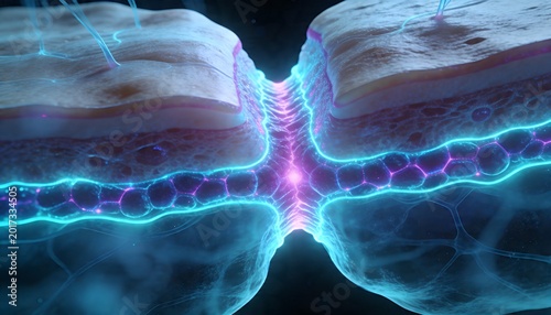Glowing synapse showing pre- and postsynaptic terminals across cleft in nerve tissue, with vesicles