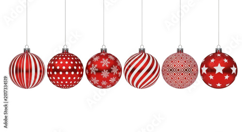 Five red and white striped christmas baubles in a row isolated on transparent background
