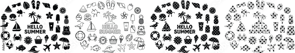 Obraz premium Summer vacation icon set, black silhouette beach holiday symbols, tropical travel vector elements collection, hello summer seasonal graphics