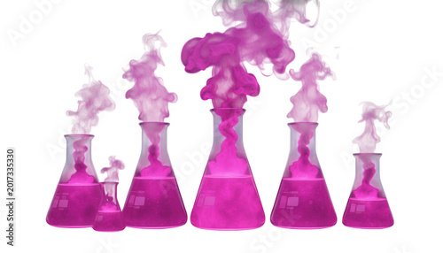 Colorful laboratory flasks with pink liquid and bubbles isolated on transparent background