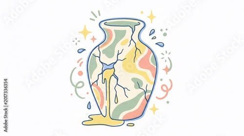 Broken Vase with Colorful Abstract Pattern and Dripping Liquid.