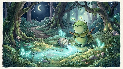 Enchanted Forest Night Scene with Mystical Creature and Glowing Stream.