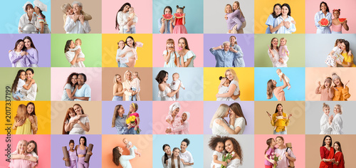 Collage of mothers and their granddaughters on color background