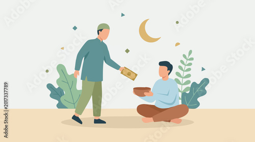 Tableau sur toile Muslim man giving charity money to a needy person, Zakat illustration