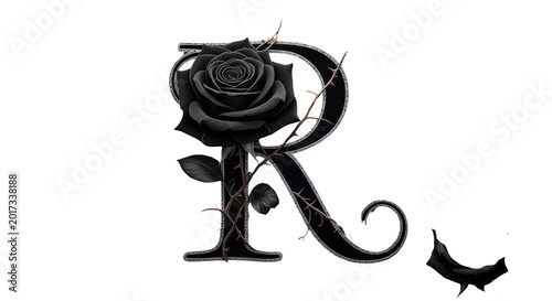 Black decorative letter r with elegant swirl design isolated on transparent background