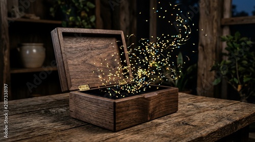 Mysterious Wooden Box Emitting Golden Particles on a Rustic Table.