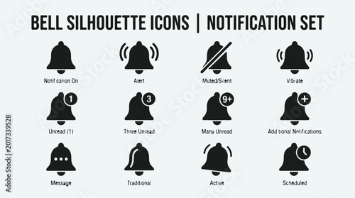 Cuadro en lienzo Black bell silhouette icons set for notifications and alerts