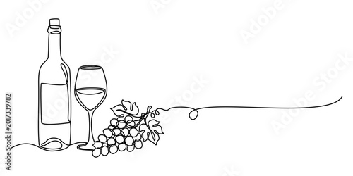 Continuous line drawing of wine glass, wine bottle and grapes, editable line art vector illustration.