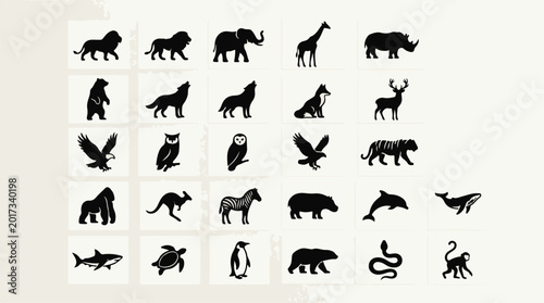Canvas Print Black and white animal icons set featuring lions, elephants, wolves, and more in