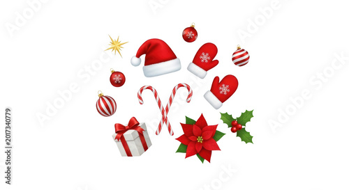 Colorful christmas holiday icons set with festive decorations isolated on transparent background
