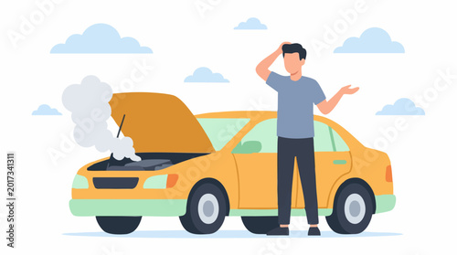 Obraz na płótnie Frustrated driver with broken down car and smoking engine