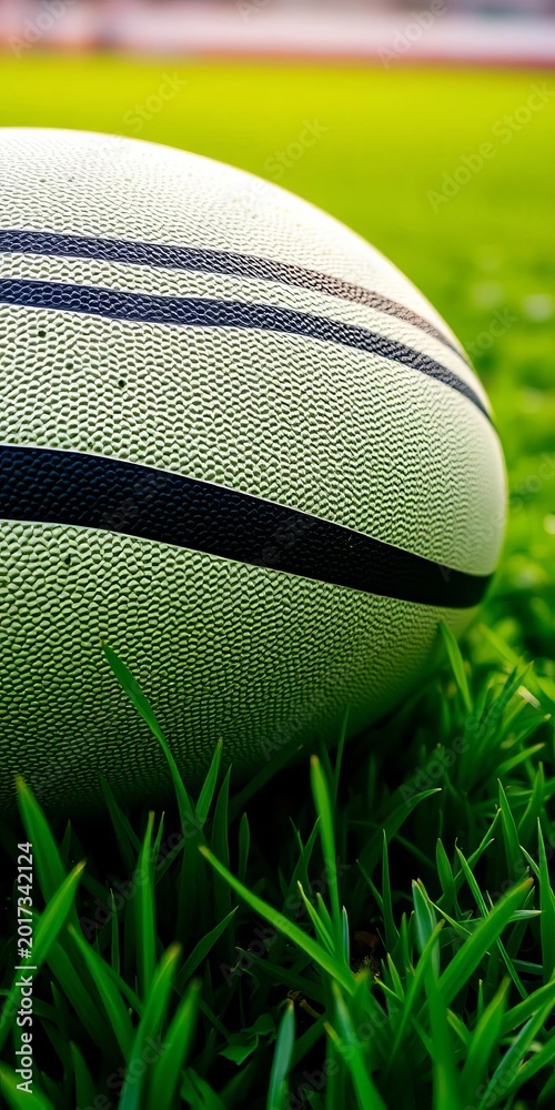 Fototapeta premium Close-up of a textured rugby ball on lush green turf, set for a thrilling match, game, grass