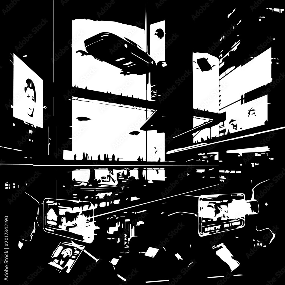 Obraz premium Nighttime urban scene with illuminated billboards dominating a city skyline and high contrast silhouettes.