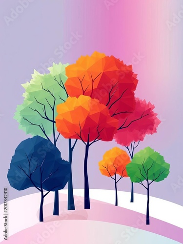 Abstract geometric trees in minimalist style with clean lines and vibrant colors,  trees,  simple