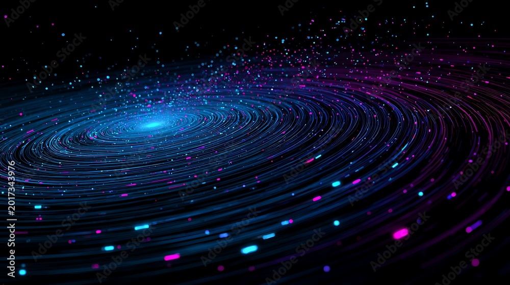 Obraz premium Digital data spiral with glowing blue and magenta particles swirling in deep space representation for technology and science visualization concepts and futuristic designs