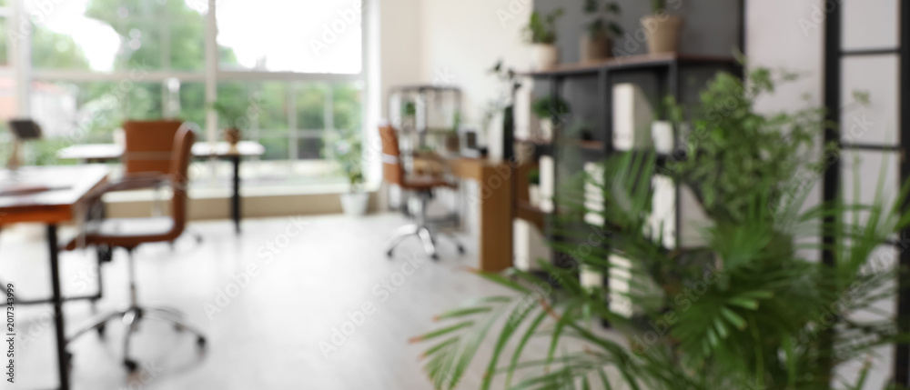Fototapeta premium Blurred view of office with desks, shelf units and green plants
