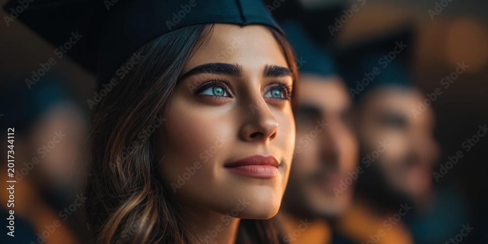 Fototapeta premium Young woman in graduation cap looking up with hope and determination