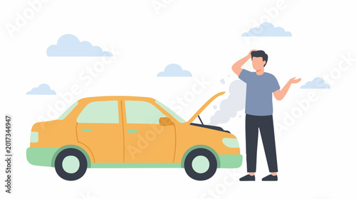 Frustrated man with broken-down car, engine smoking on roadside