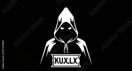 Quadro su tela Mysterious hooded figure with glowing eyes and KUXLX logo.