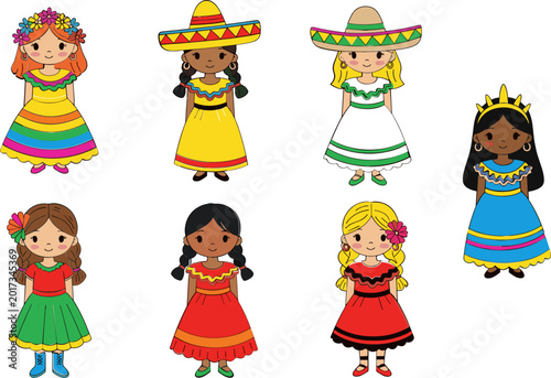 Foto Colorful Cultural Dress-Up Doll Vector Set with Traditional Dresses, Hats, and A