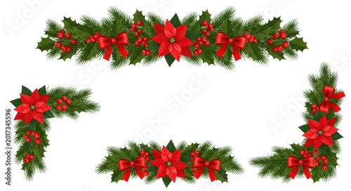 Red and green holiday garland with pine branches isolated on transparent background