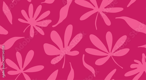 Vibrant pink seamless pattern decorated with simplified silhouettes of tropical leaves for summer fashion and fabric design projects.