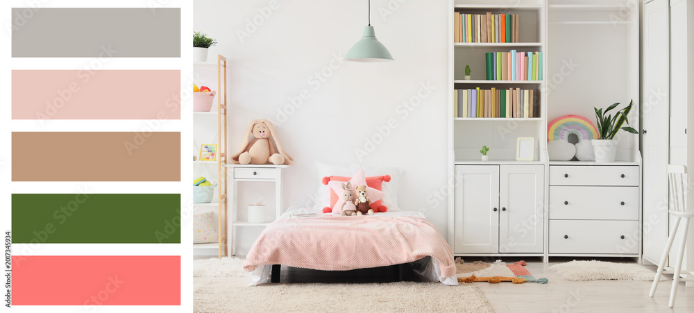 Fototapeta premium Interior of light children's room with bookshelf, bed and toys