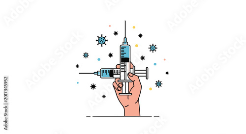Hand holding two syringes surrounded by colorful virus icons to represent vaccination campaigns and immune system protection strategies.