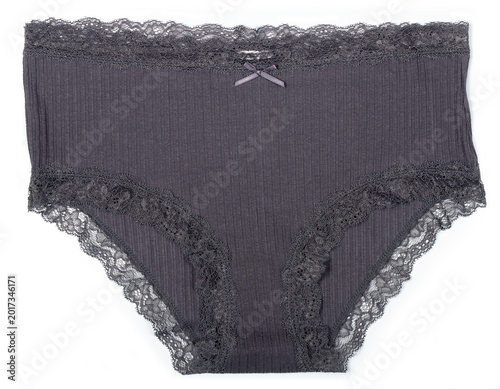 gray female panties with lace on a white background