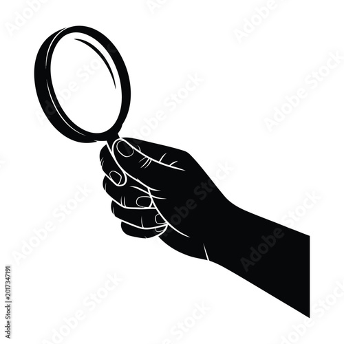 Foto Black silhouette of a human hand holding a magnifying glass on white background