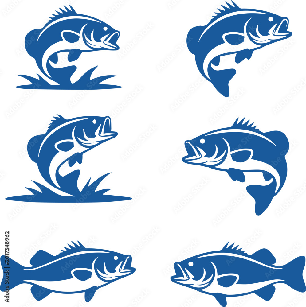Obraz premium Jumping Bass Fish Vector Silhouette Set for Fishing Logo Design