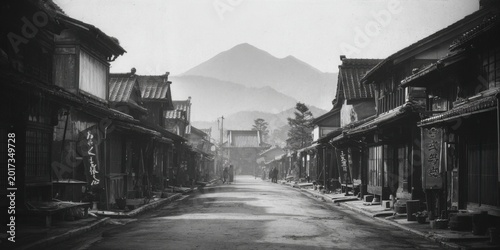 Black and White Image of a Traditional Japanese Street Lined with Old Buildings and a Mountain in the Distance.