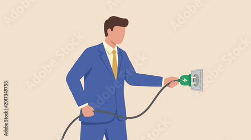 Tablou pe pânză Man in business suit plugging green electric power cord into wall socket
