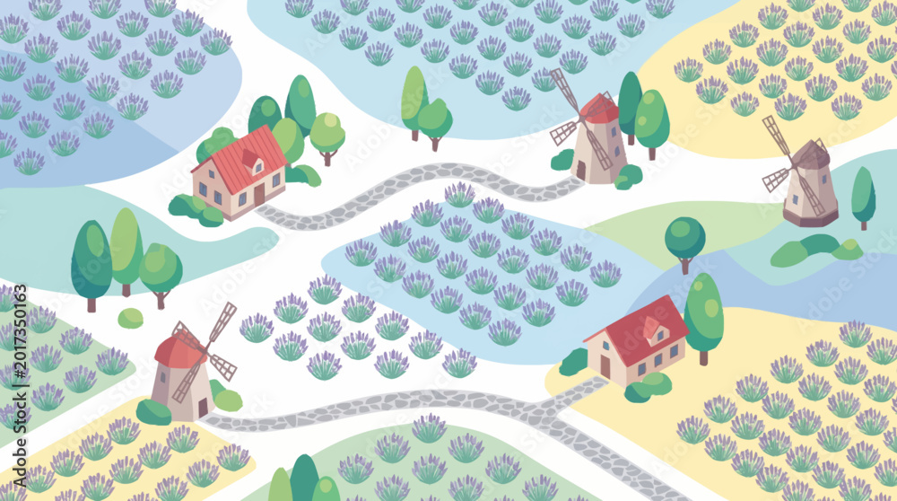 Naklejka premium A stylized illustration of a countryside landscape with windmills and fields.