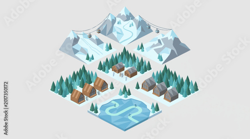 Isometric landscape with mountains and forest.