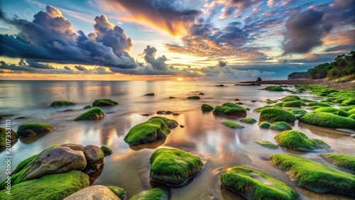Serene Coastal Sunset with Moss-Covered Rocks and Calm Ocean Waves