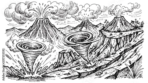 Volcanic landscape with erupting volcanoes.