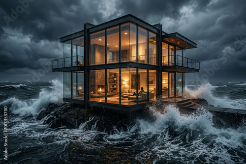 Transparent Ocean House During Storm