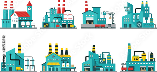Tableau sur toile Industrial factory and manufacturing plant collection with warehouses chimneys a