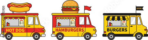 Fast food truck collection with hot dog hamburger and burger street vending vehicle vector illustration set