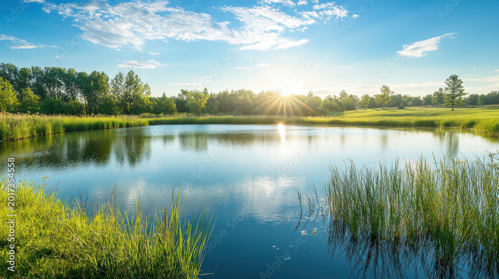 Obraz premium Peaceful water pond reflects blue sky and green grass with trees under sunlight promoting sustainability in natural landscape