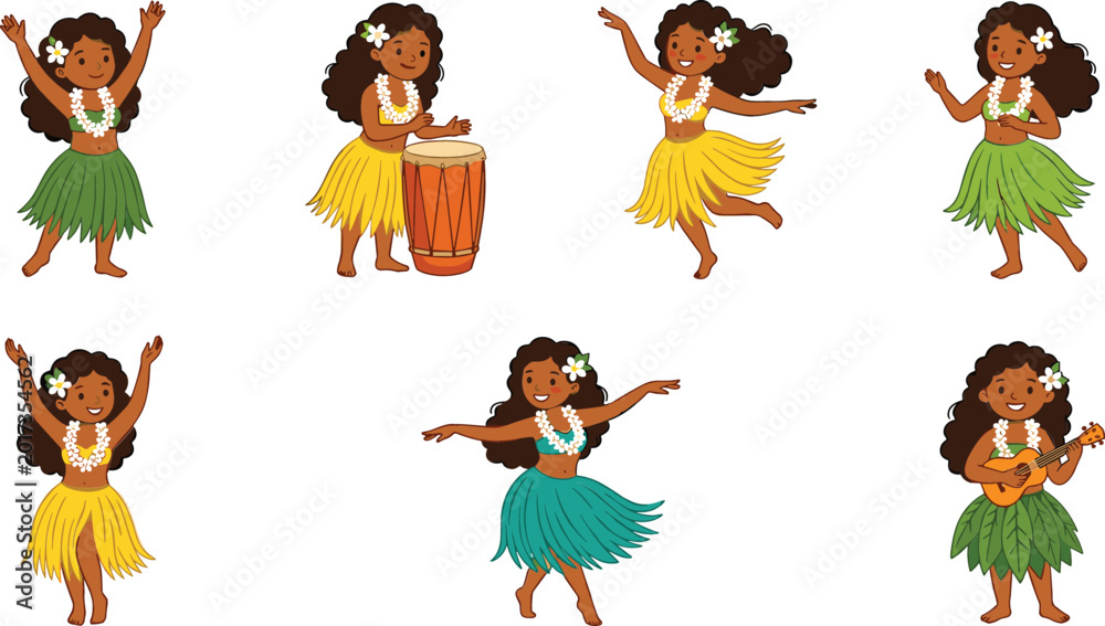 Fototapeta premium Hawaiian hula dancer girl collection with tropical costumes music and traditional island dance vector illustration set