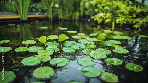 Water lily leaves float on calm pond surrounded by lush greenery reflecting sustainability and natural beauty in peaceful outdoor environment