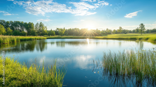 Peaceful water pond reflects blue sky and green grass with trees under sunlight promoting sustainability in natural landscape
