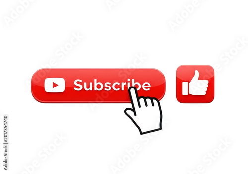 Red subscribe button with play icon and white thumbs up like notification icon isolated on transparent background