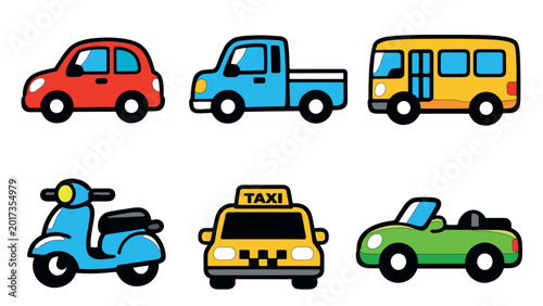Tableau sur toile Cartoon vehicles set including red car blue pickup yellow bus blue scooter yello