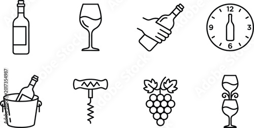 Bild auf Leinwand Wine and alcohol line icon collection with bottle glass grapes corkscrew and bar